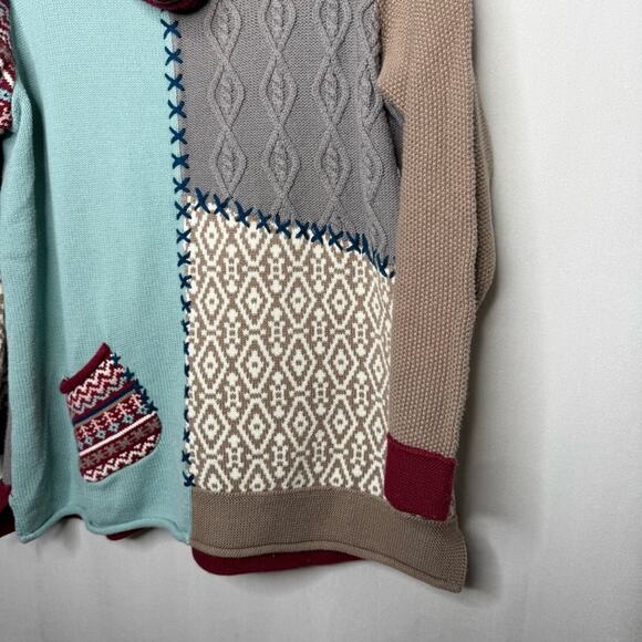 COLDWATER CREEK / red blue tan mixed media abstract patchwork sweater / XL - Picture 4 of 8